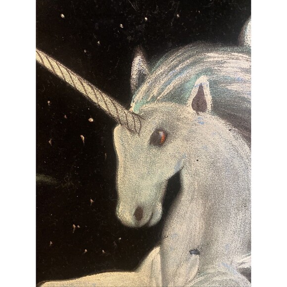 Fantasy unicorn Rainbow Velvet Painting 21 x27" Wood Frame Pegasus Signed - Picture 7 of 16